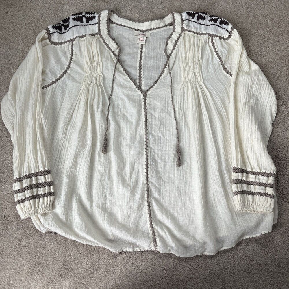 Sundance Peasant Top Womens Medium Embroidered boho blouse Ivory Tassels Flowy
